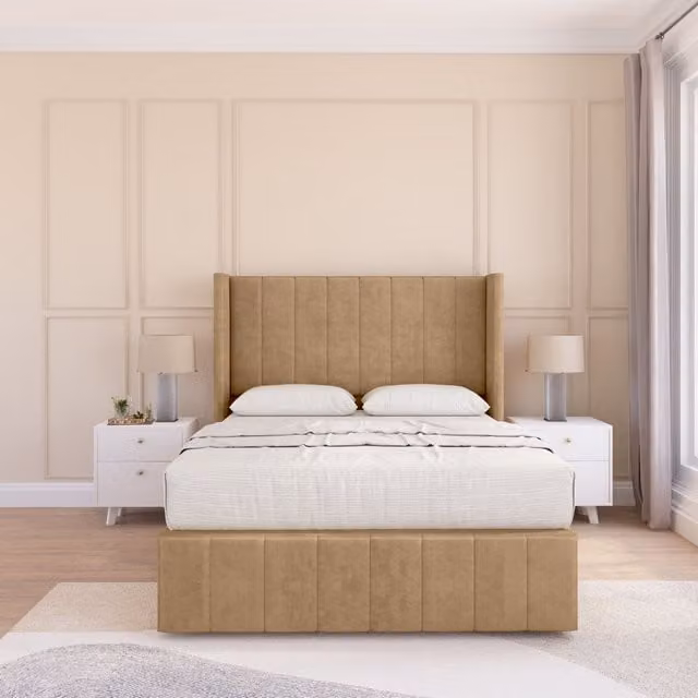 Sloomy Melbourne Dumfries Wingback Bed Set in Light Beige with 2 Drawers and Floor Standing Headboard, W/D/H: 180 x 200 cm