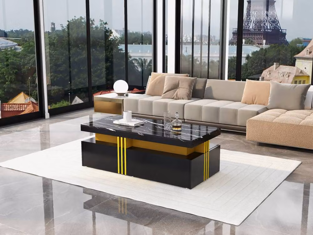ModernLuxe Modern Rectangular Coffee Table with Marble Top and 2 Drawers in Black, W/D/H: 100 x 50 x 40 cm – 4