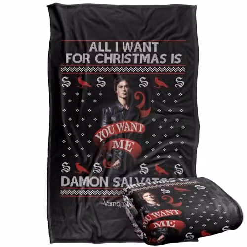 LOGOVISION The Vampire Diaries All I Want For Christmas Is Damon Salvatore Super Soft Silky Touch Fleece Throw Blanket, W/D/H: 91 x 147 cm – 1