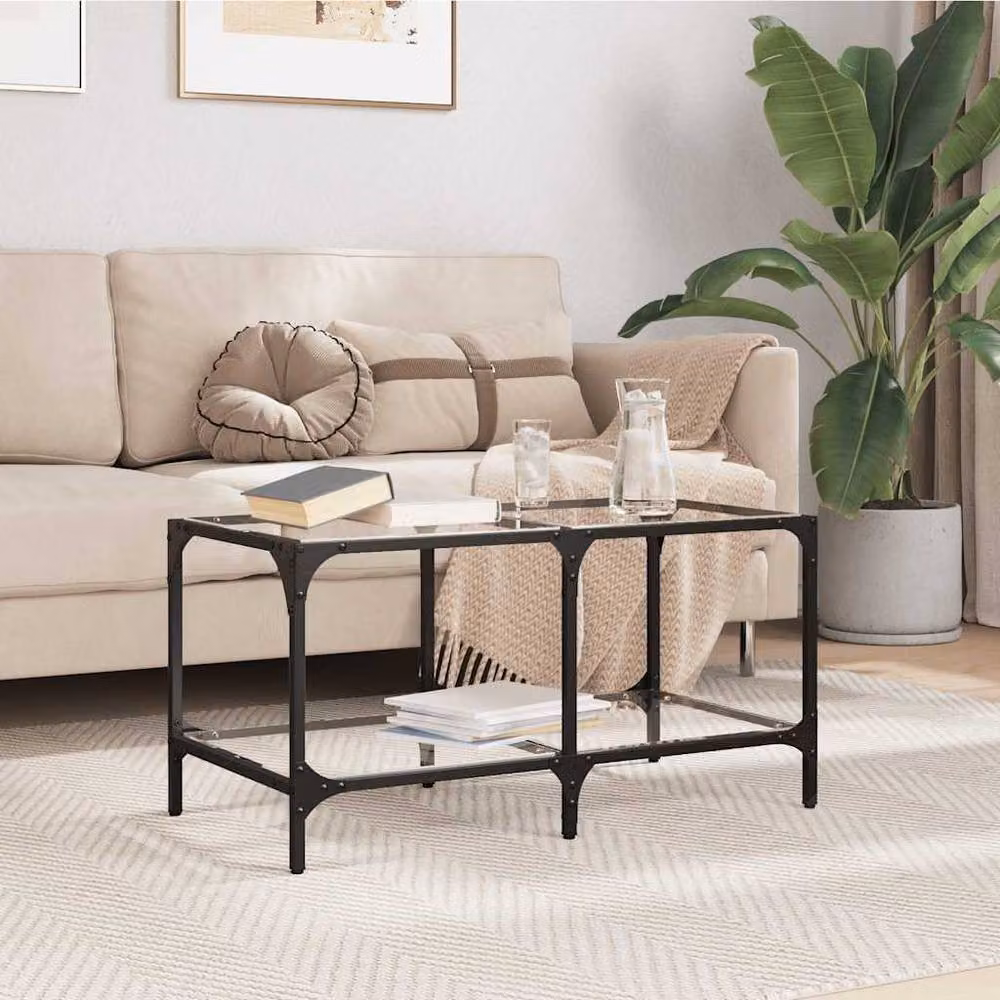 Berkfield Home Modern Rectangular Coffee Table with Transparent Glass Top and Black Steel Frame, W/D/H: 78.5 x 40 x 40 cm – 2