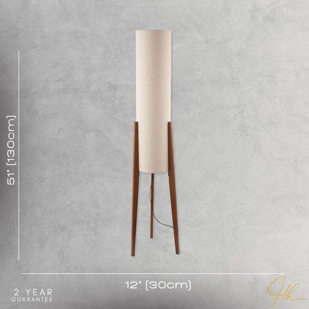 Happy Homewares Designer Floor Lamp with Beige Fabric Shade and Brown Wooden Tripod Legs, H 130 cm x W 30 cm x D 30 cm – 4