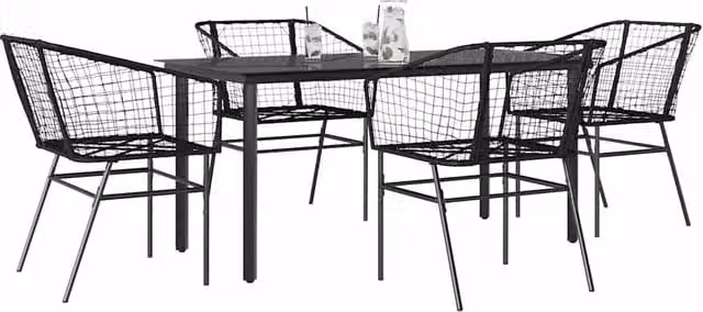 Berkfield Home 5 Piece Black Poly Rattan Garden Dining Set with Glass Top Table