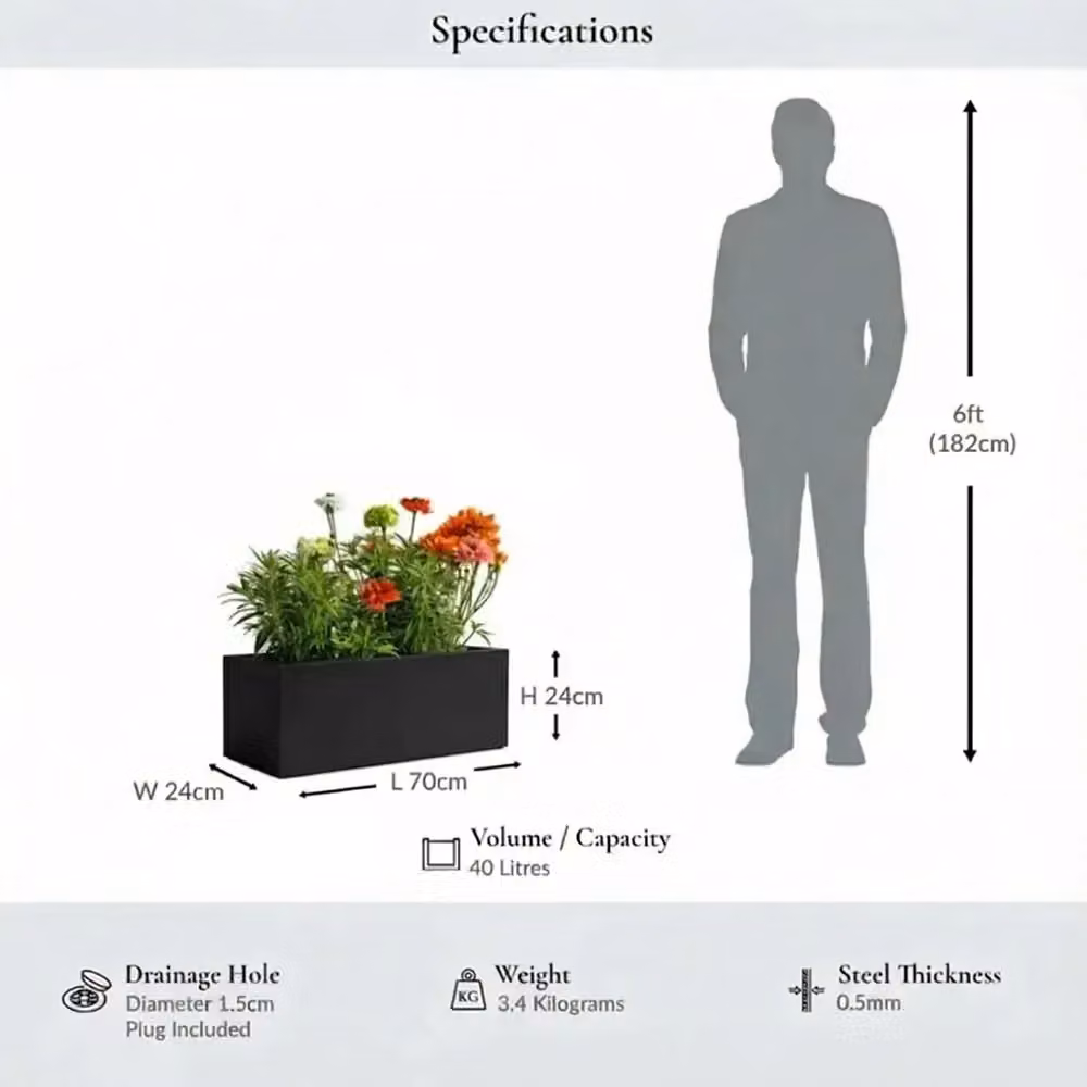 Access Garden Products Matte Black Galvanised Steel Trough Planter Window Box, Width: 70 cm – 4