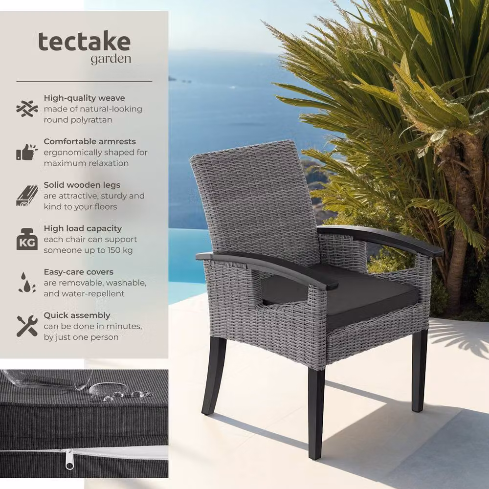 tectake Rosarno Grey 1 Seater Modern Rattan Garden Chair with Wood and Aluminium Frame – 2
