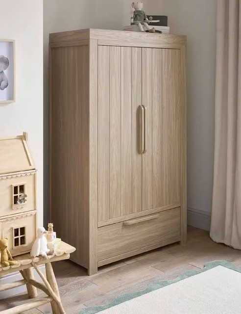 Mamas & Papas Franklin Modern Kids Wardrobe in Brown with Soft Close Hinged Doors and Internal Drawers