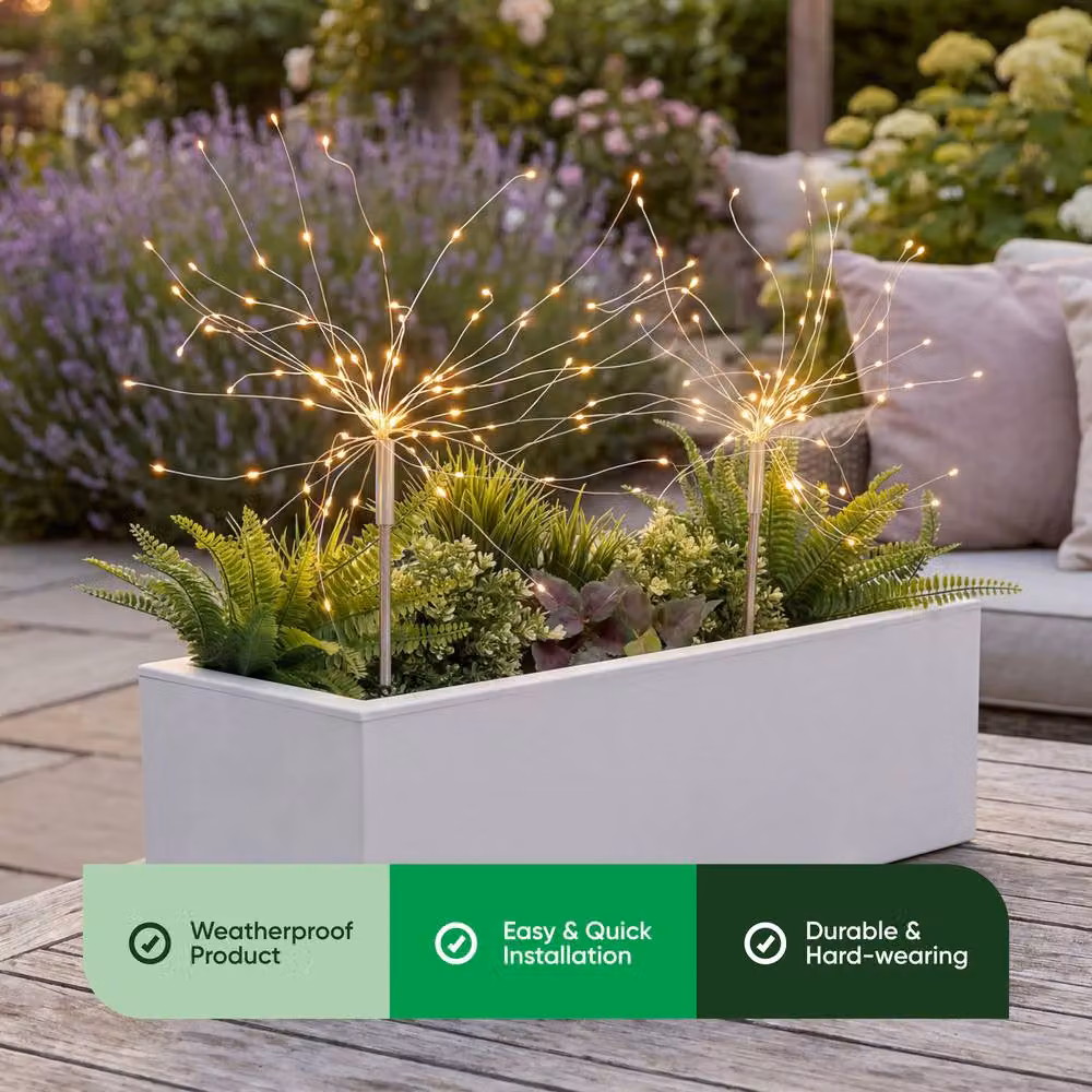 Gardenwize Pack of 2 Solar Starburst LED Garden Stake Lights in Silver with Warm White Light – 2