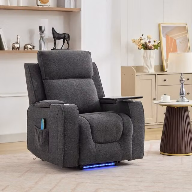 Artemis Home Cowley Electric Riser Recliner Chair with Massage, Heat, Drink Cooler and Table in Dark Grey Bouclé Fabric