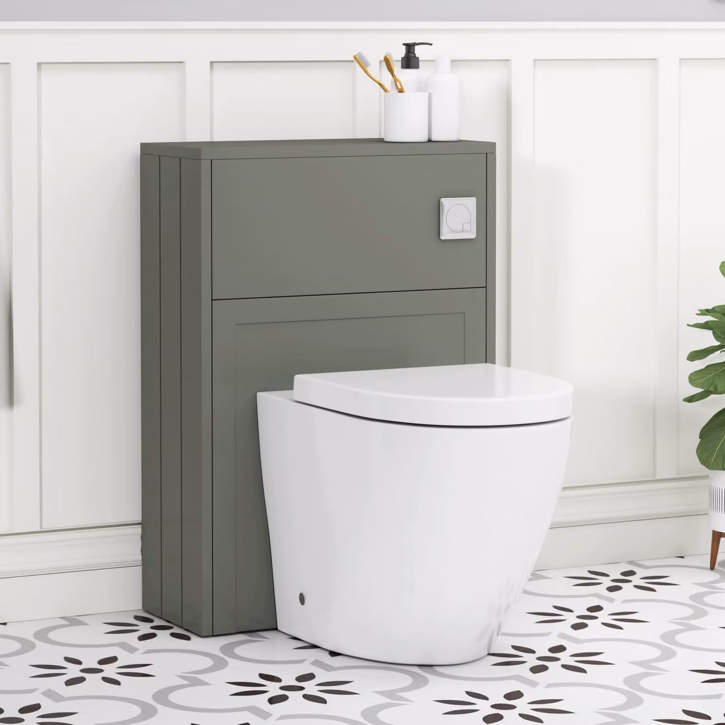 Royal Bathrooms Elmore Matt Green BTW WC Unit with Elva Rimless Ceramic Toilet Pan, Seat and Cistern, Width: 55 cm
