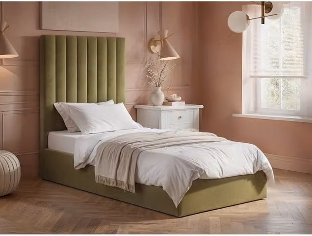 Flair Everley Single Ottoman Bed in Green Velvet and Boucle, W/D/H: 90 x 200 x 45 cm – 1
