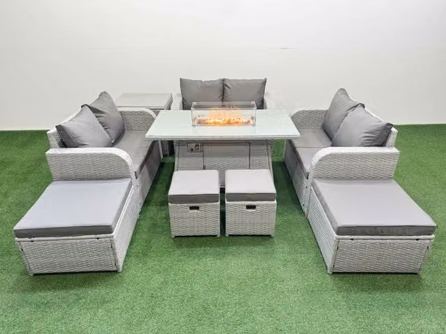 Fimous 10 Seater Outdoor Garden Furniture Set with Gas Firepit Table in Light Grey