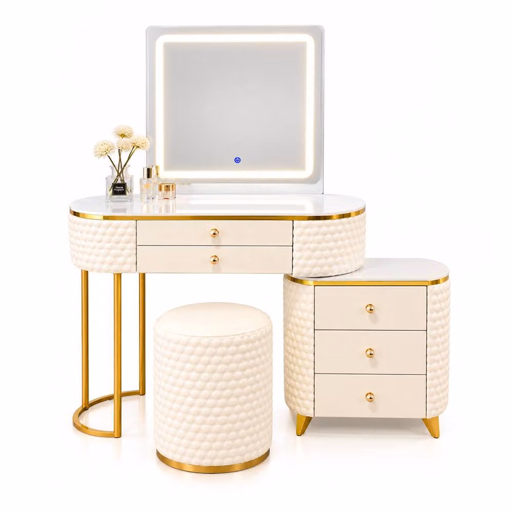 MN Furniture Modern Luxury Dressing Table with LED Mirror, Stool and Cabinet in Beige, Width: 130 cm – 2