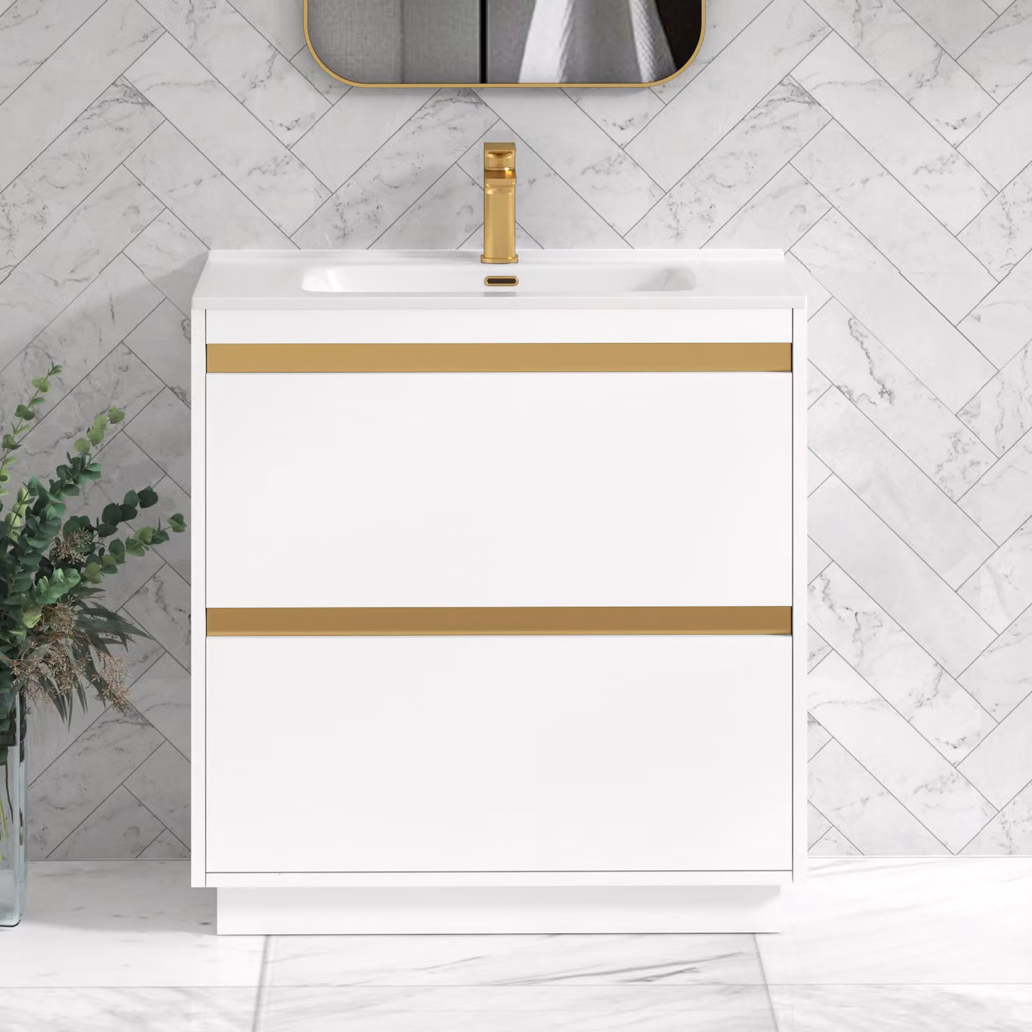 Royal Bathrooms Orion 800mm Matt White 2 Drawer Floor Standing Vanity Unit with Ceramic Basin and Brushed Brass Accent Trim