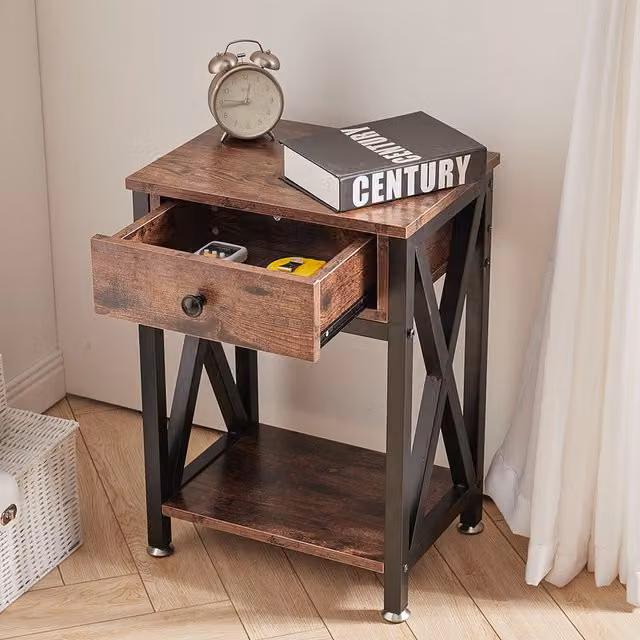 Livingandhome Industrial Brown Wood and Metal X-Frame Square Side Table