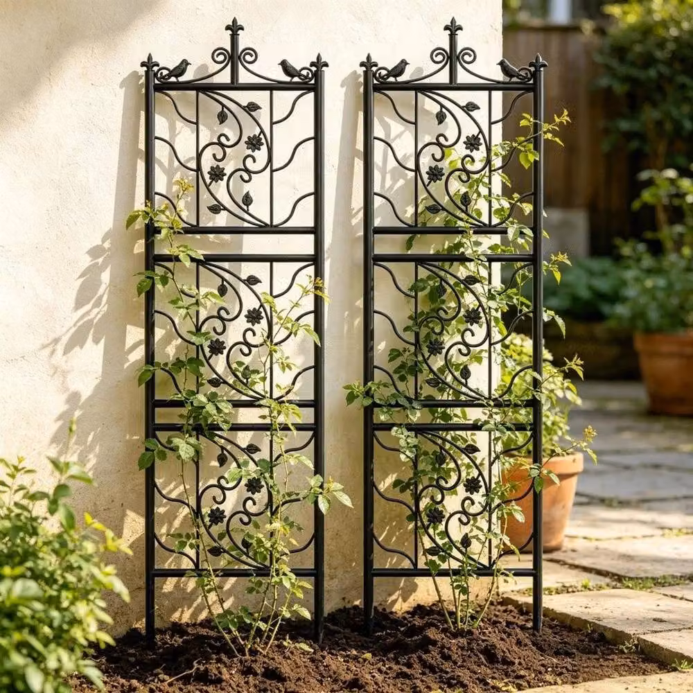 SPETLEK Black Powder-Coated Metal Trellis Rose Climbing Plant Support Fence Panels, 2 Pieces – 4