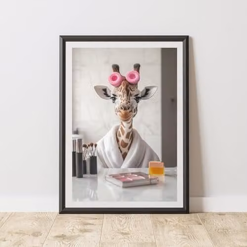 60 Second Makeover Giraffe Make Up and Rollers Illustration Paper Poster, Multicolour, A4