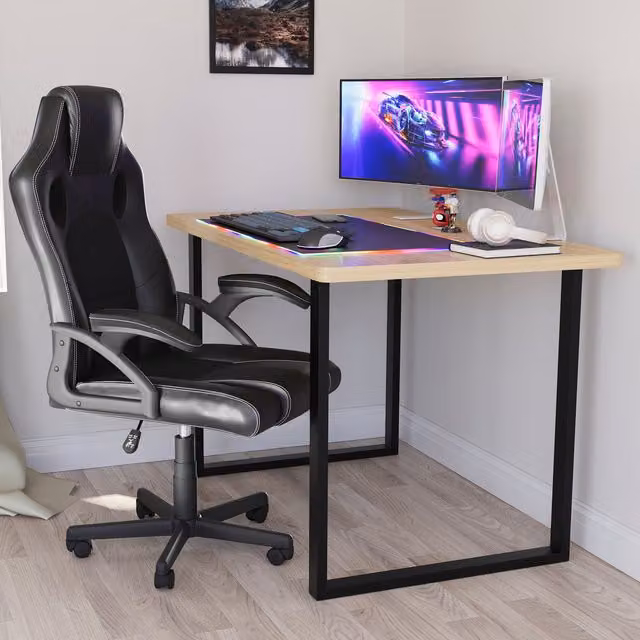Vida Designs Modern Oak Gaming Desk with U-Shaped Metal Legs