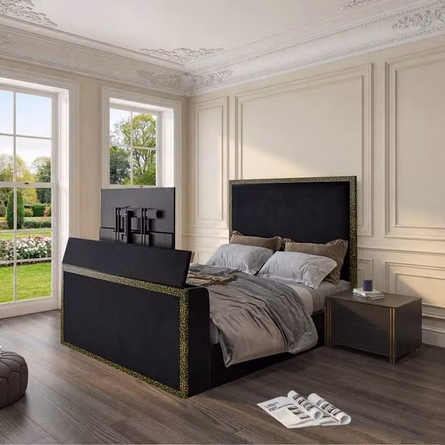 KDMD Woldingham Black Velvet Upholstered Electric Media Super King TV Bed Frame