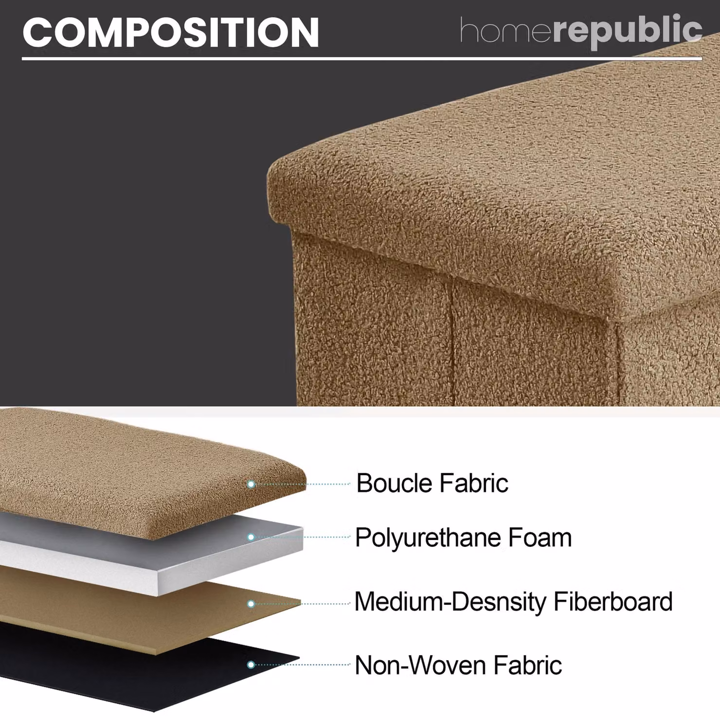 Home Republic Teddy Boucle Foldable Storage Ottoman in Beige, Small – 4