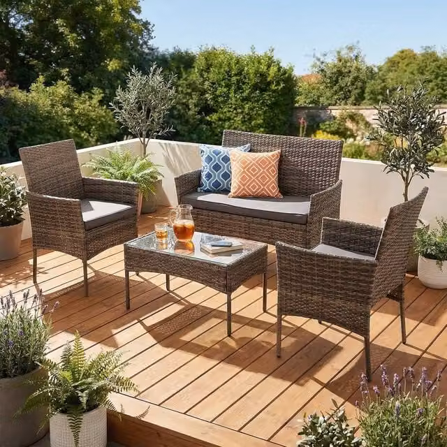 SPETLEK 4-Seater Brown Polyrattan Garden Sofa Set with Cushions – 1