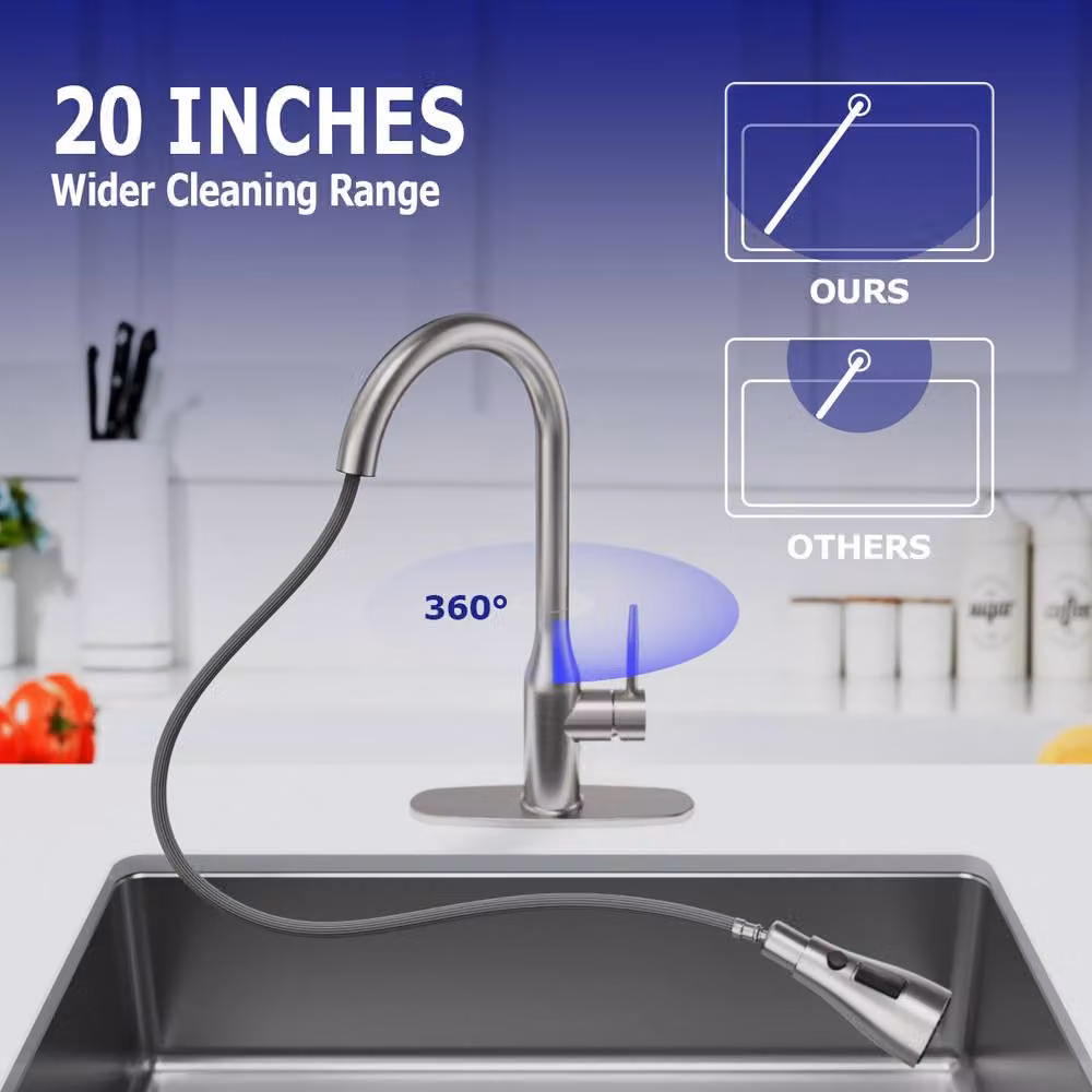 YUHUBY Silver Brushed Steel Kitchen Tap with Single Lever, Pull-Out Spray and 360 Degree Swivel Spout – 4