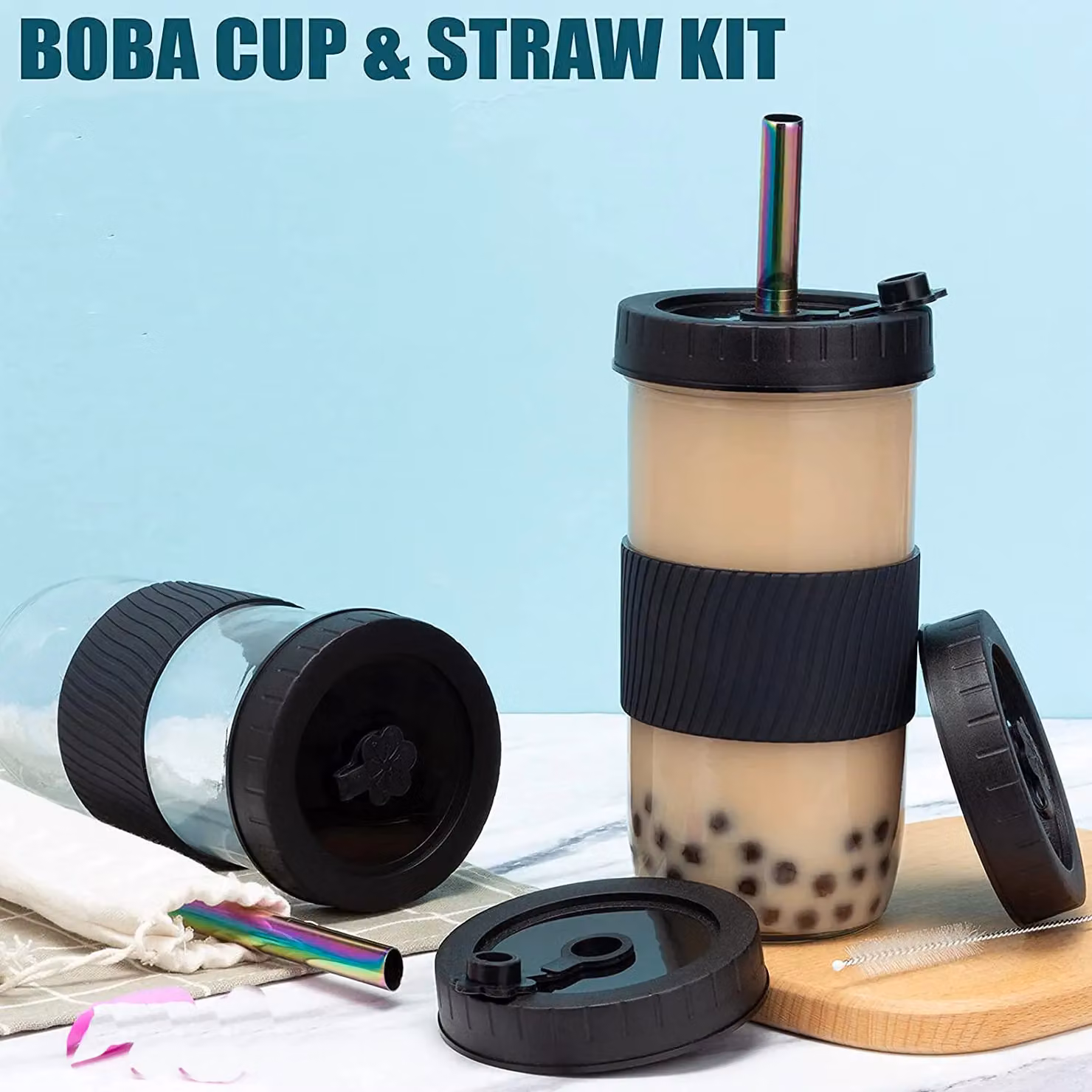 Xample Black Wide Mouth Tumbler Set with Lid and Straw, 24oz – 2