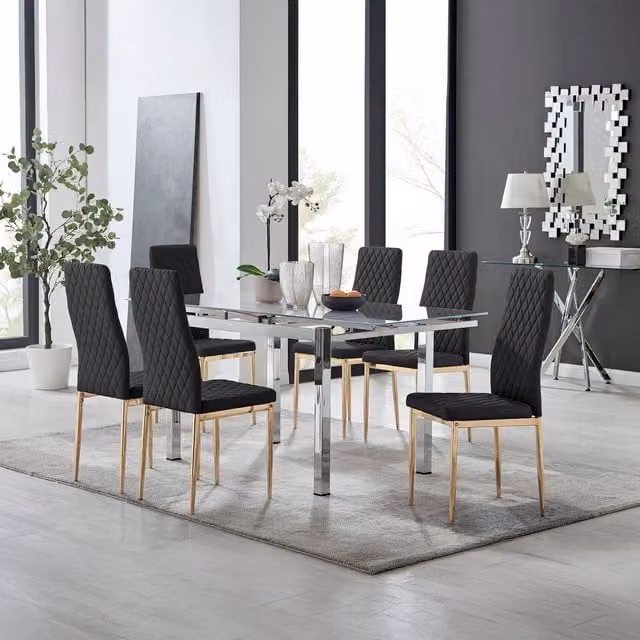 Furniturebox Enna White Glossy Glass Extending Dining Table and 6 Black Milan Chairs with Gold Legs