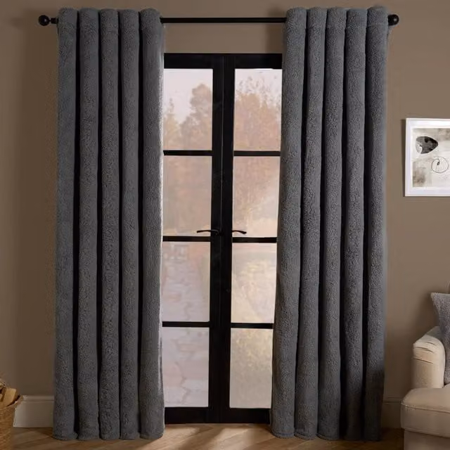 OHS Grey Teddy Fleece Thermal Eyelet Curtains, Pair, Width: 168 cm, Drop: 183 cm