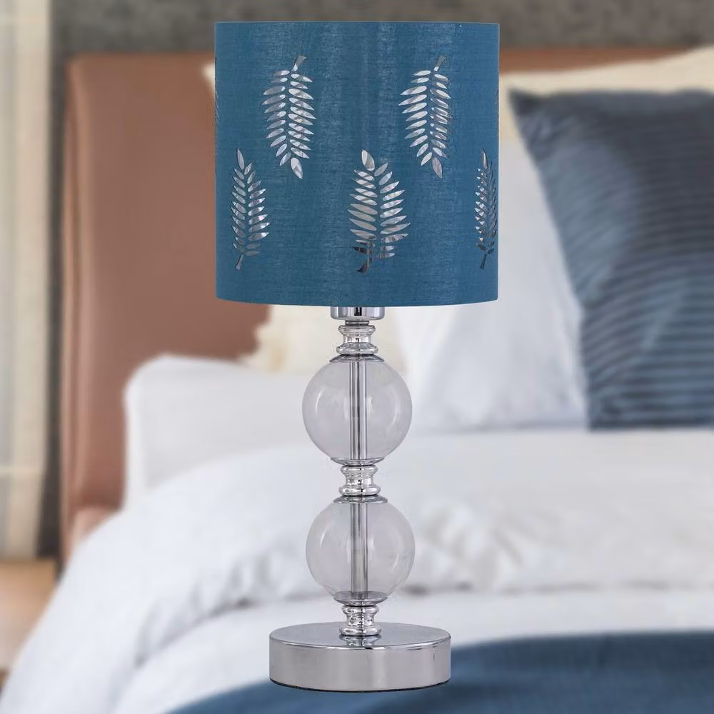 First Choice Lighting Chrome Two Ball Table Lamp with Teal Fabric Fern Shade in Silver – 4