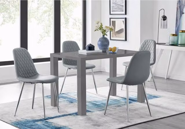 FurnitureboxUK Pivero Grey High Gloss Rectangular Dining Table and 4 Corona Silver Chairs