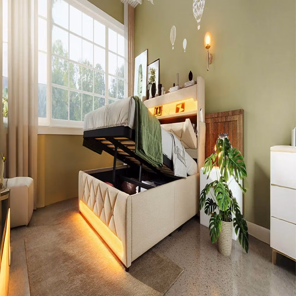 Rolipo King Size Ottoman Bed in Beige Linen with LED Under-Bed Lighting and USB Charging Ports, W/D/H: 180 x 200 cm – 4