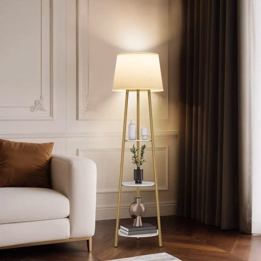 Hinsinc 3-Tier Shelf Floor Lamp with Beige Shade and Gold/Brass Metal Frame – 4