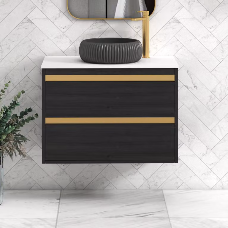 Royal Bathrooms Orion 800mm Hale Black Wall Hung Plain White Countertop Vanity Unit with 2 Drawers, Milan Black Basin and Brushed Brass Accent Trim