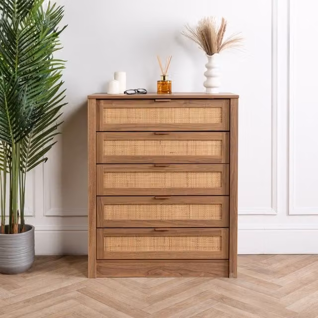 Home Treats Rustic Brown Rattan Wooden Chest of Drawers, W/D/H: 79 x 79 x 94.5 cm