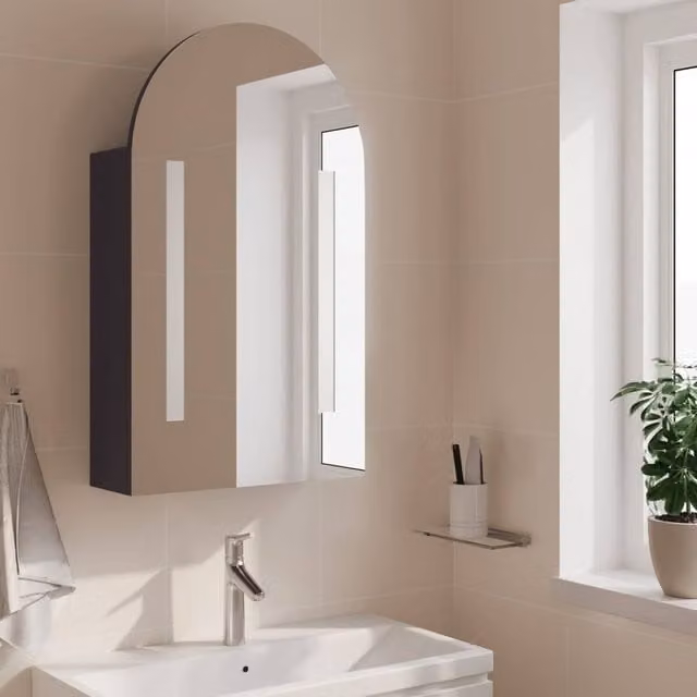 Berkfield Home Grey Bathroom Mirror Cabinet with LED Light and Internal Shelves, W/D/H: 42 x 13 x 70 cm