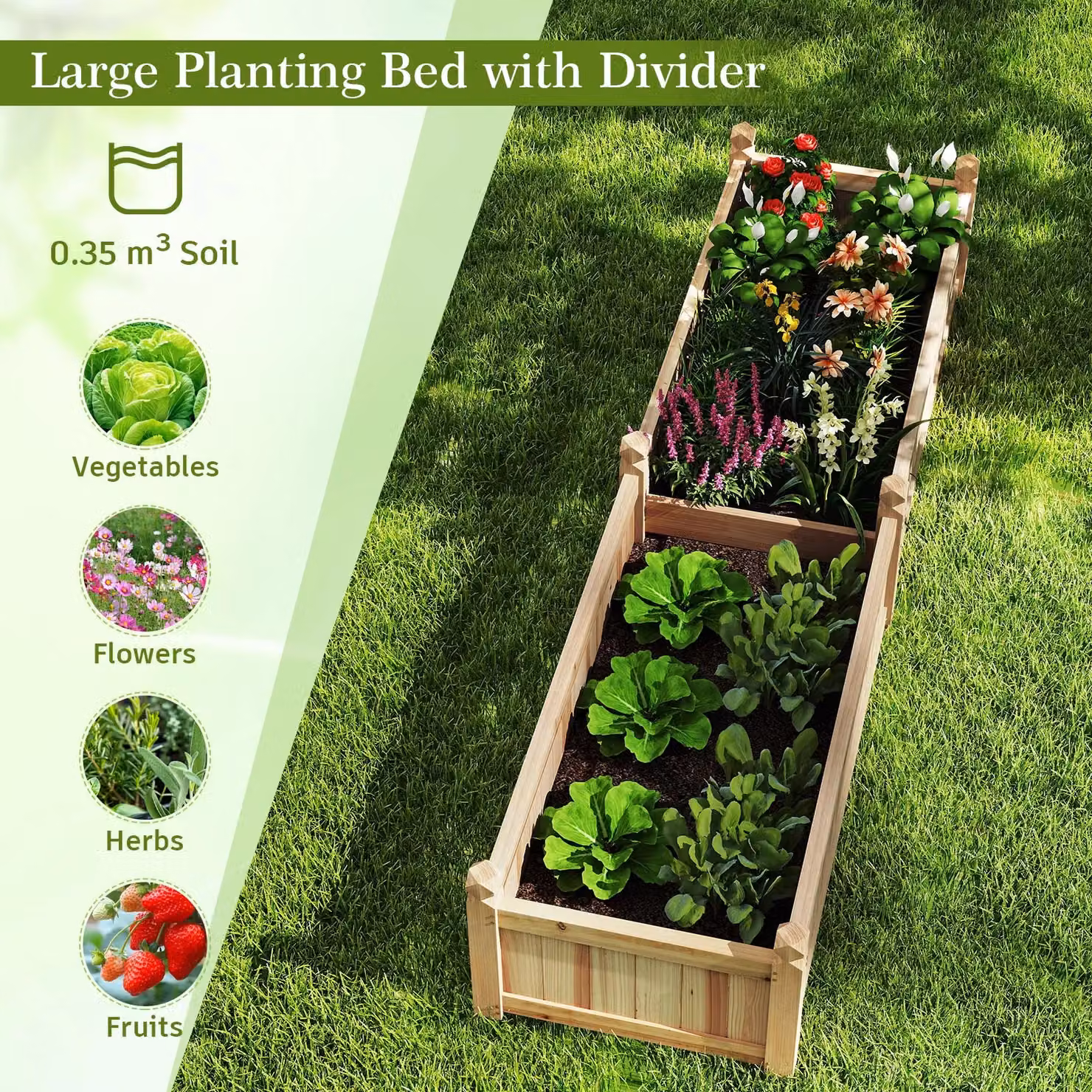 Gymax Large Wooden Raised Garden Bed Planter Box with Divider, Beige, W: 59.0 cm, D: 40.0 cm, H: 59.0 cm – 8
