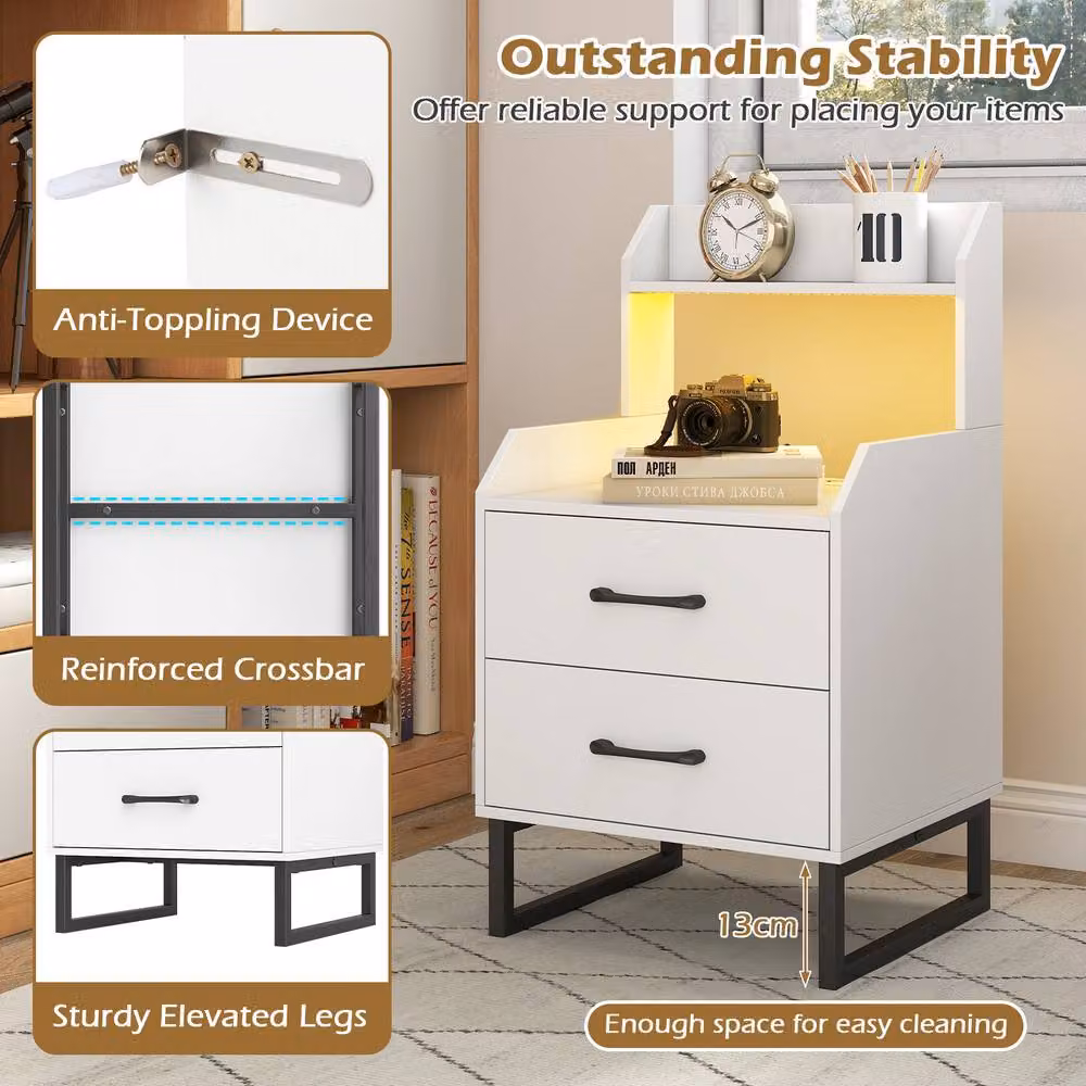 Gymax Modern White Bedside Table with Integrated LED Lights and Charging Station – 3