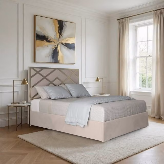 Casani Mallerstang Super King Upholstered Velvet Bed Frame in Beige with Metal Details, W/D/H: 200 x 127 x 189 cm – 1