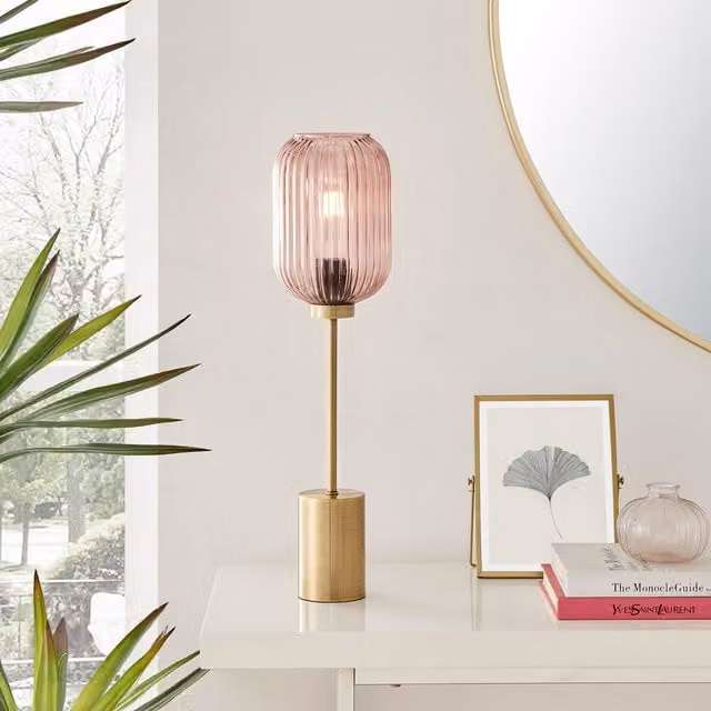 FurnitureboxUK Coral Table Lamp with Pink Glass Shade and Brass Base