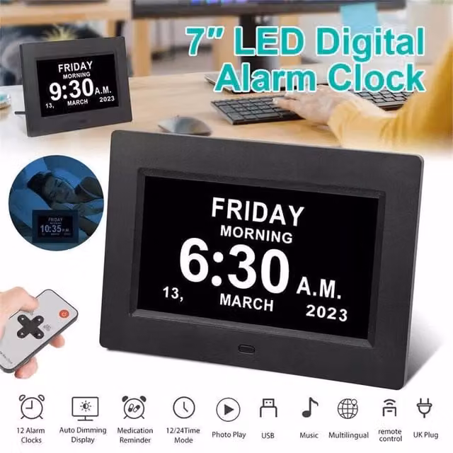 EONLION Black 7 inch Digital LCD Alarm Clock with Calendar