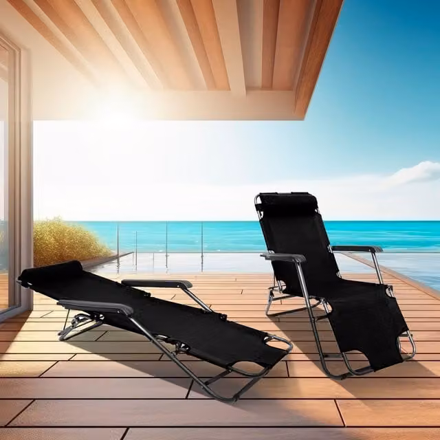 Neo Set of 2 Grey and Black 2-in-1 Sun Lounger Chairs with Armrests and UV-Resistant Textilene Fabric