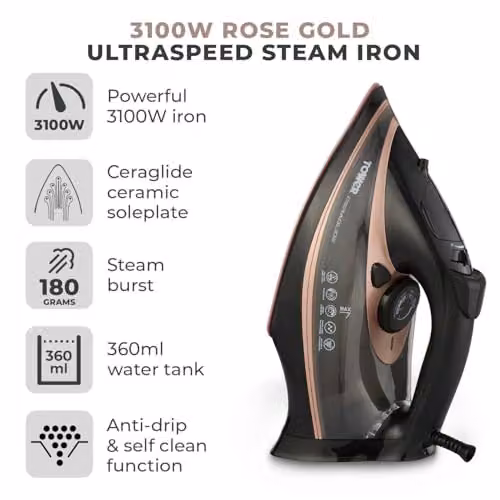 Tower Steam Iron with Ceramic Non-Stick Soleplate, Vertical Steam and Anti-Calc System, Black and Gold – 2