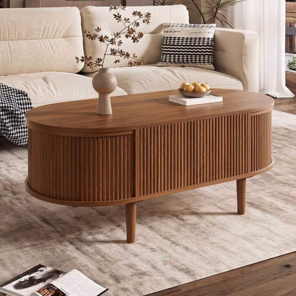 Merax Walnut Oval Lift Up Coffee Table with Fluted Storage Base in Brown – 4