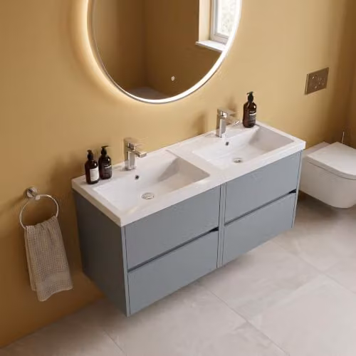 Balterley Wall Hung 4 Drawer Bathroom Vanity Unit with 2 Rectangular Basins in Coastal Grey, W/D/H: 120.5 x 38.5 x 57.9 cm – 3