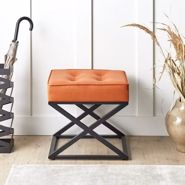 Wyld and Coco Orange Faux Leather Footstool with Metal Legs, W: 47 cm, D: 40 cm, H: 43 cm – 1