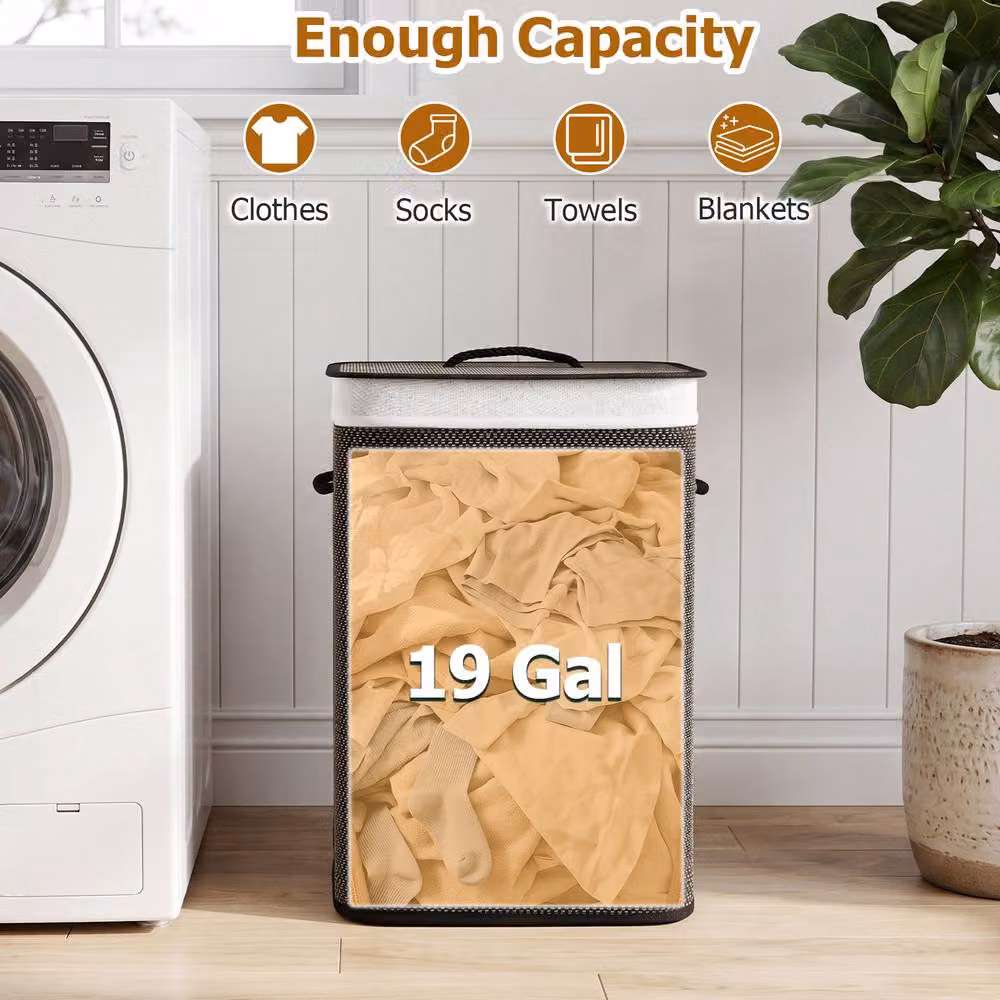 Gymax Bamboo Laundry Hamper with Lid and Removable Bag, Black, 72 L Capacity – 2