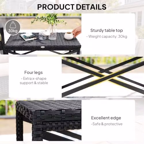Outsunny Outdoor Coffee Table and Garden Side Table with PE Rattan and Plastic Board, Black, W/D/H: 40 x 40 x 43 cm – 5