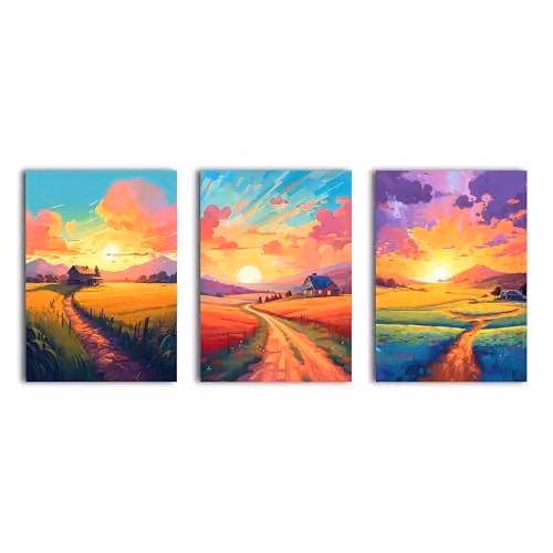 Simpa Dawn of Countryside 3 Panel Canvas Wall Art, Multicolour and Gold Landscape Nature Photograph – 1