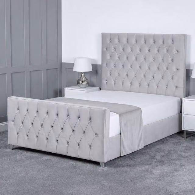Living Comfort Bedz Vertex Plush Velvet Upholstered Super King Bed with Slatted Base and 48 Inch Headboard in Silver, W/D/H: 200 x 200 cm