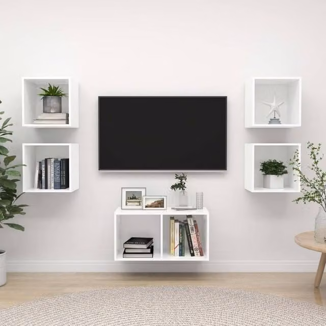 Berkfield Home 5 Piece White Minimalist Wall Mounted TV Cabinet Set with Open Shelving – 1