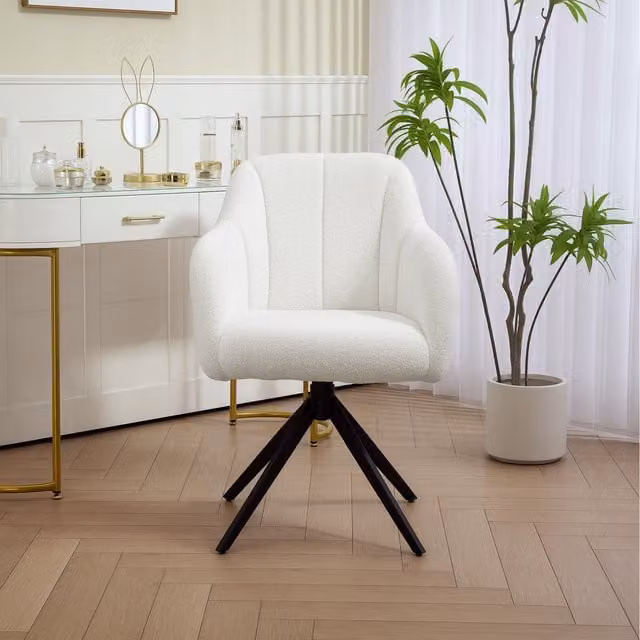 HOMCOM White Bouclé 360 Degree Swivel Accent Chair with Armrests and Metal Legs
